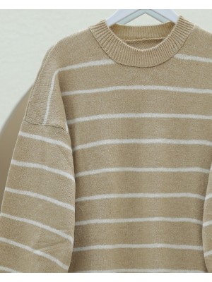 İnce Çizgili Yırtmaçlı Triko Tunik -Vizon