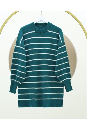 İnce Çizgili Yırtmaçlı Triko Tunik -Zümrüt