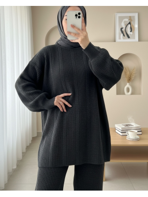 Bisiklet Yaka Balon Kol Triko Takım  -Antrasit