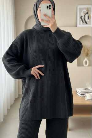 Bisiklet Yaka Balon Kol Triko Takım  -Antrasit