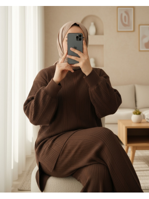 Bisiklet Yaka Balon Kol Triko Takım  -Kahve