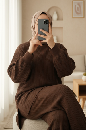 Crew Neck Balloon Sleeve Knitwear Set -Brown