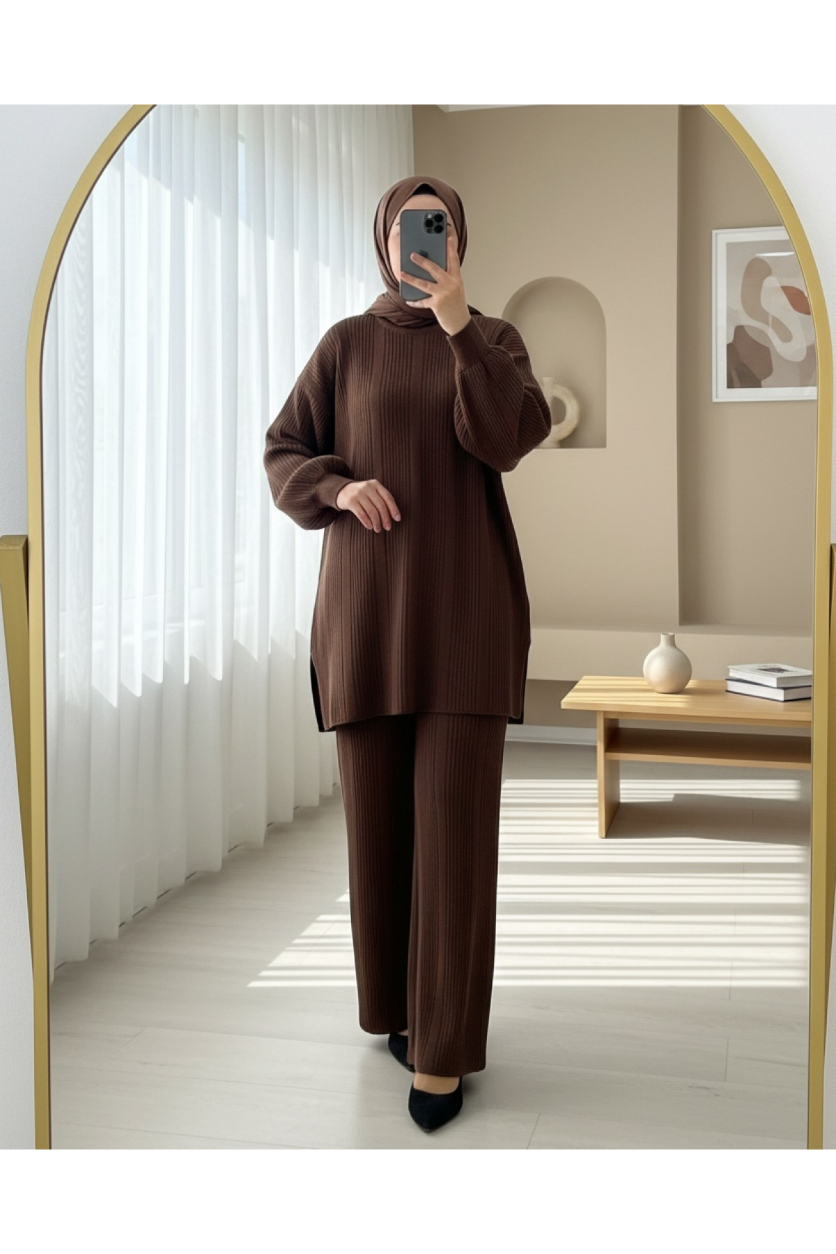 طاقم الرقبة بالون كم مجموعة تريكو -بنى