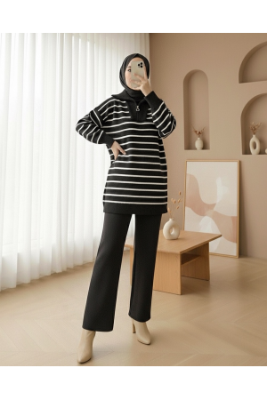 طقم تريكو مخطط بياقة مدورة وسحاب -أنثراسايت