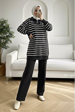 Balıkçı Yaka Fermuarlı Çizgili Triko Takım -Siyah