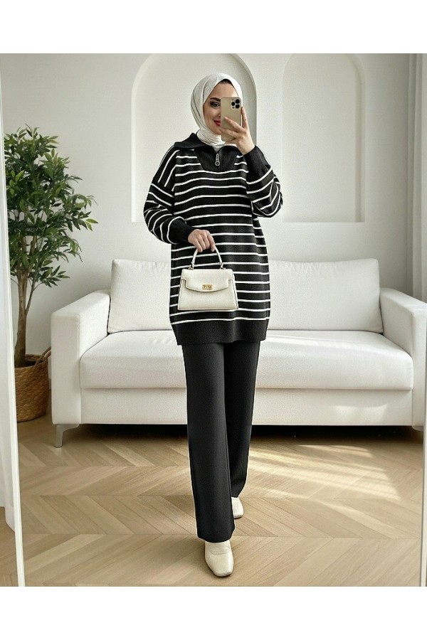 Turtleneck Zippered Striped Knitwear Suit -Black