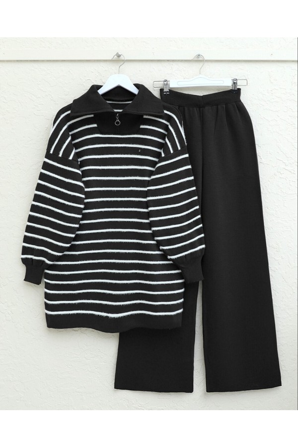 Turtleneck Zippered Striped Knitwear Suit -Black