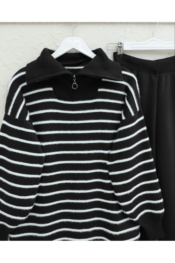 Turtleneck Zippered Striped Knitwear Suit -Black