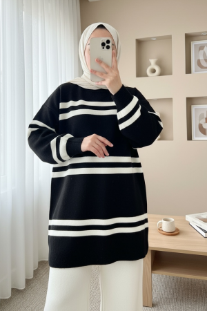 Round Neck Balloon Sleeve Knitwear Set -Black