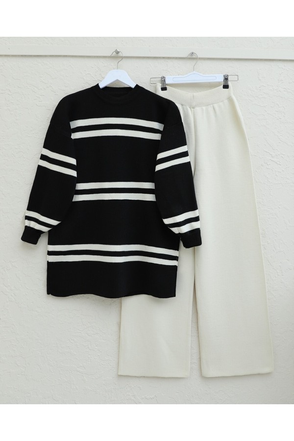 Round Neck Balloon Sleeve Knitwear Set -Black
