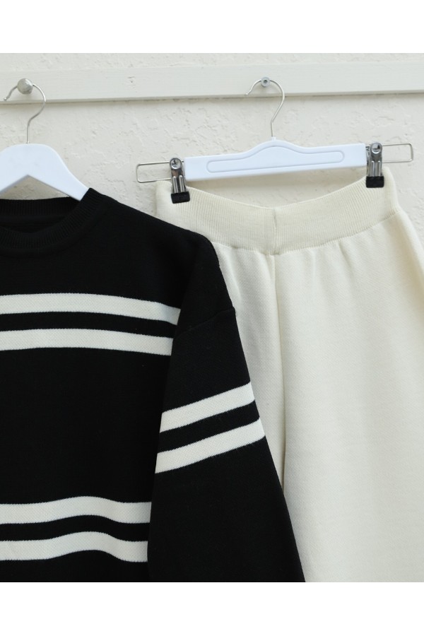Round Neck Balloon Sleeve Knitwear Set -Black