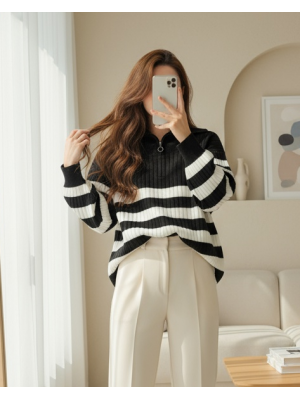 Fitilli Yarım Boğazlı Fermuarlı Triko Tunik -Siyah