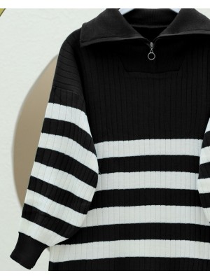 Fitilli Yarım Boğazlı Fermuarlı Triko Tunik -Siyah