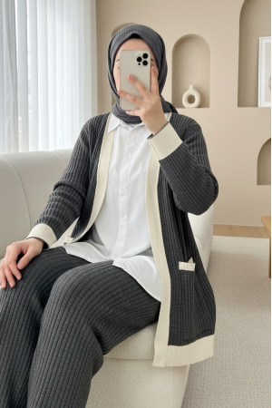 Çift Cepli Fitilli Triko Takım -Füme