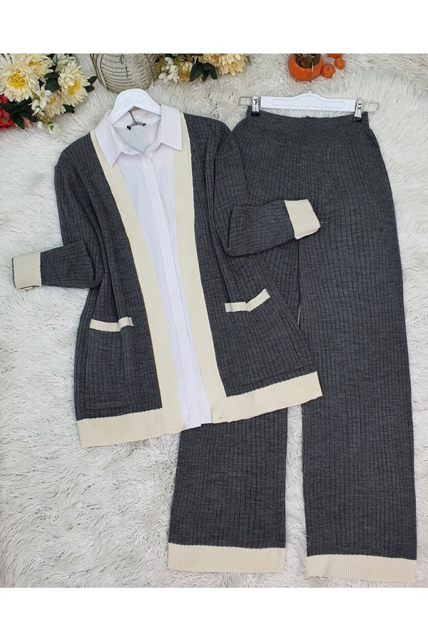 Double Pocket Ribbed Knitwear Set -Smoked 