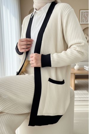 Çift Cepli Fitilli Triko Takım -Krem