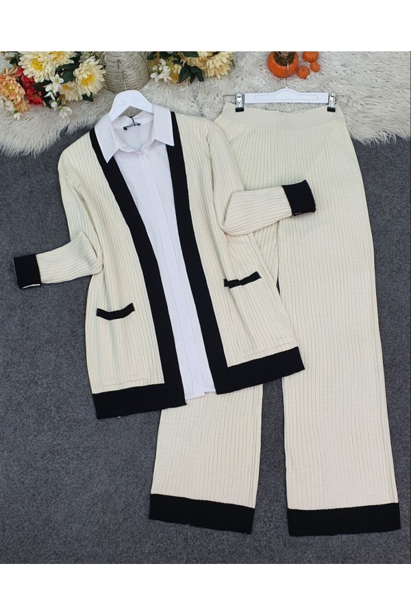 Double Pocket Ribbed Knitwear Set -Cream color