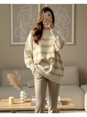 Yuvarlak Yaka Yırtmaçlı Triko Tunik -Açık Vizon