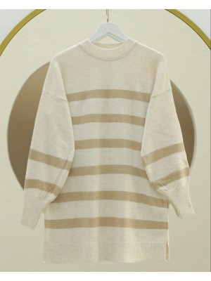 Yuvarlak Yaka Yırtmaçlı Triko Tunik -Açık Vizon