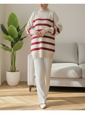 Round Neck Slit Knit Tunic -Red