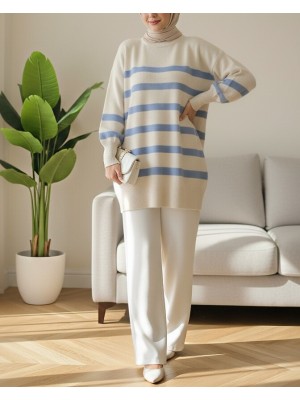 Round Neck Slit Knit Tunic -Blue