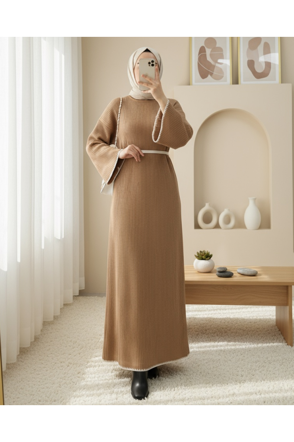 Lace-up Knitted Dress with Embroidered Hem and Sleeves -Mink color