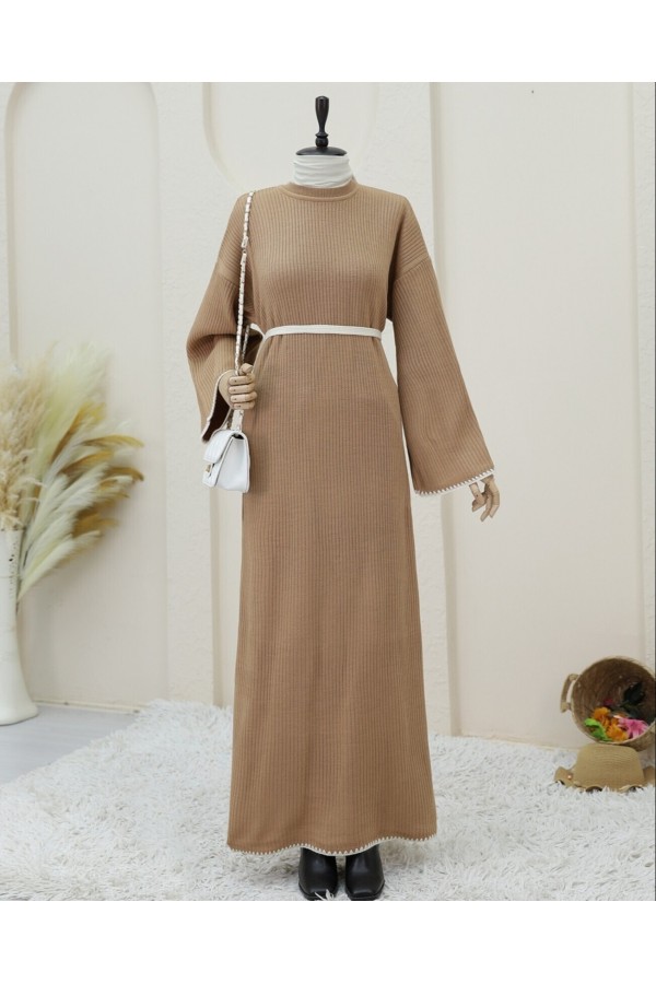 Lace-up Knitted Dress with Embroidered Hem and Sleeves -Mink color