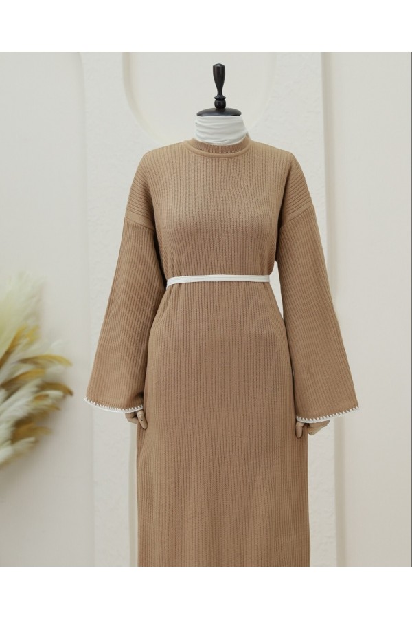 Lace-up Knitted Dress with Embroidered Hem and Sleeves -Mink color