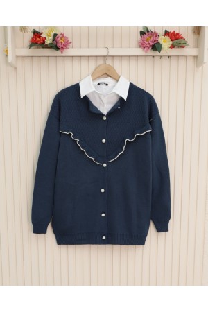 سترة صوفية محبوكة بأزرار أمامية مكشكشة ومزينة باللؤلؤ -اللون النيلي