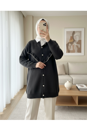 Frilled Front Pearl Buttoned Knitwear Cardigan -Black