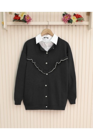 Frilled Front Pearl Buttoned Knitwear Cardigan -Black