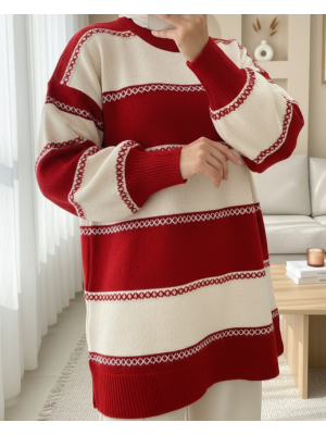 Çapraz Çizgi Desenli Triko Tunik -Kırmızı