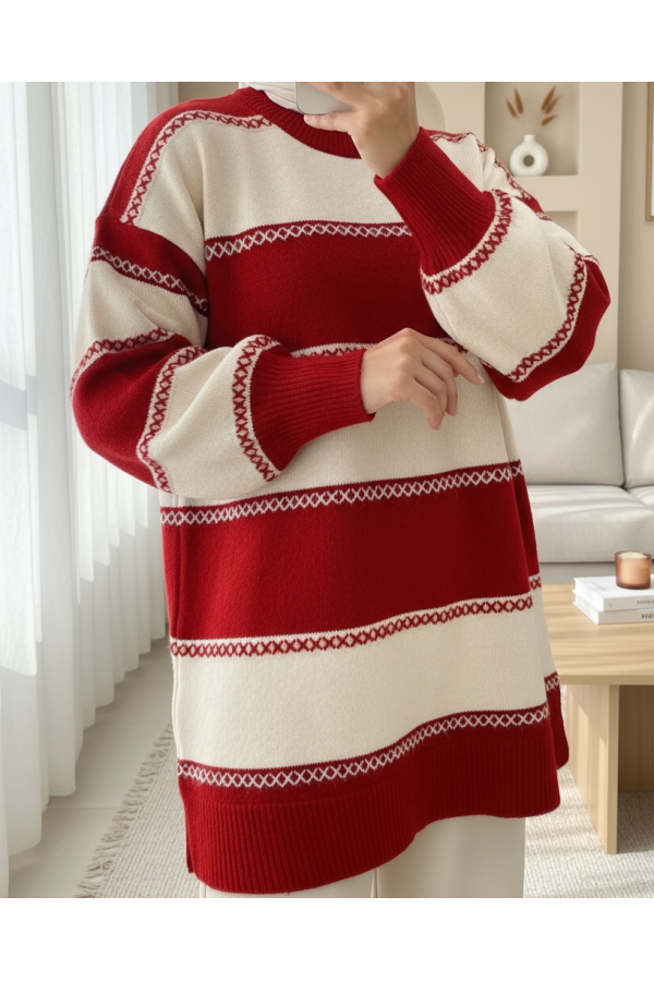 Cross Stripe Patterned Knit Tunic -Red