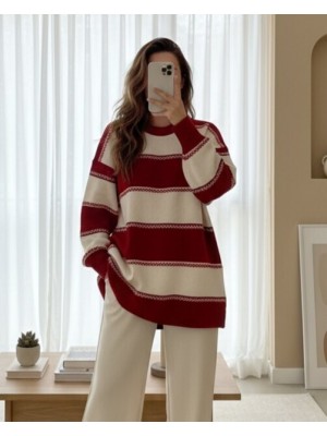 Çapraz Çizgi Desenli Triko Tunik -Kırmızı