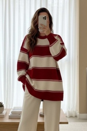 Çapraz Çizgi Desenli Triko Tunik -Kırmızı