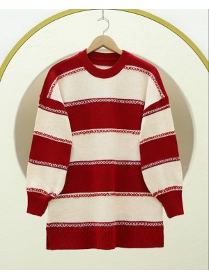 Çapraz Çizgi Desenli Triko Tunik -Kırmızı