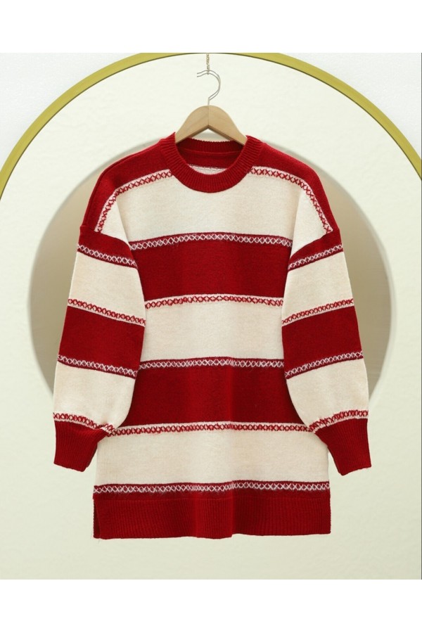 Cross Stripe Patterned Knit Tunic -Red