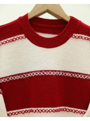 Çapraz Çizgi Desenli Triko Tunik -Kırmızı