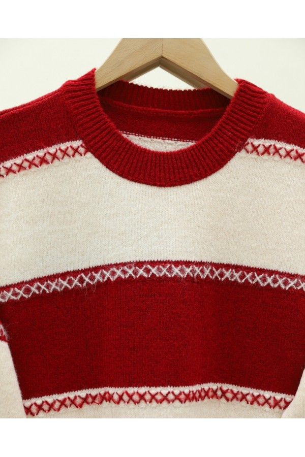 Cross Stripe Patterned Knit Tunic -Red