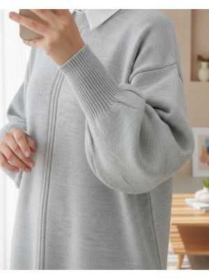 Bisiklet Yaka Balon Kol Şeritli Yumoş Kazak -Gri