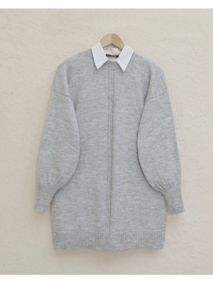 Bisiklet Yaka Balon Kol Şeritli Yumoş Kazak -Gri