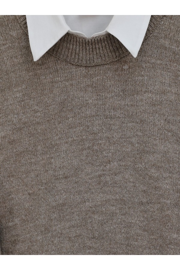 Round Neck Balloon Sleeve Casual Knitted Sweater -Brown