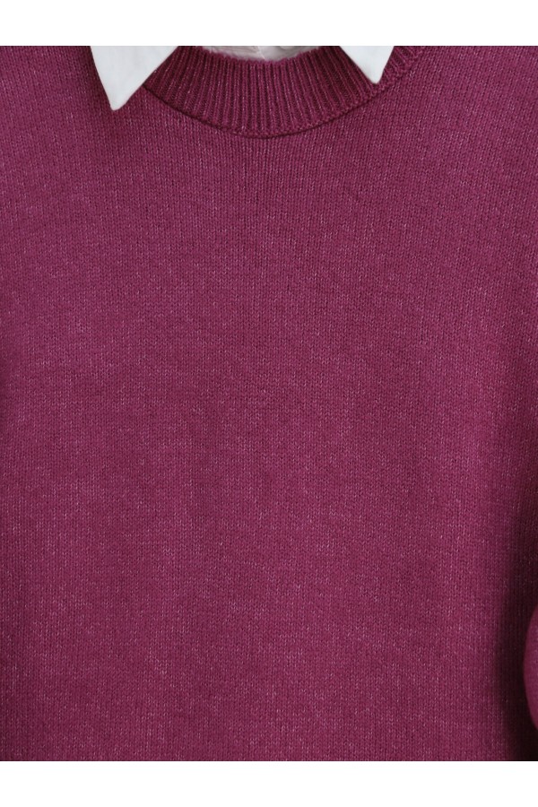 Round Neck Balloon Sleeve Casual Knitted Sweater -Damson