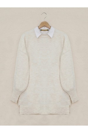 Round Neck Balloon Sleeve Casual Knitted Sweater -Stone