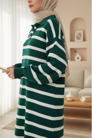 فستان تريكو بأزرار وياقة بولو  -زمرد