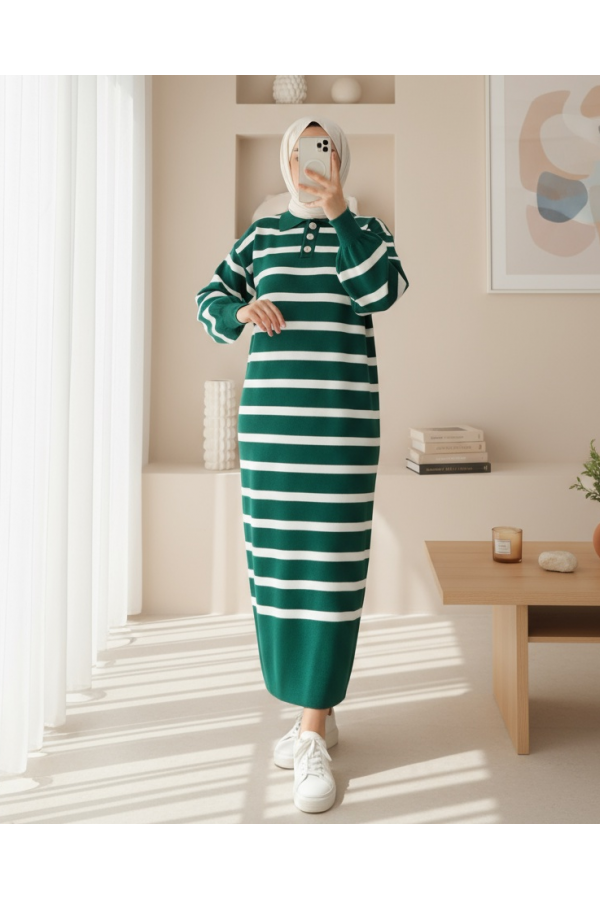 Polo Collar Buttoned Knit Dress  -Emerald
