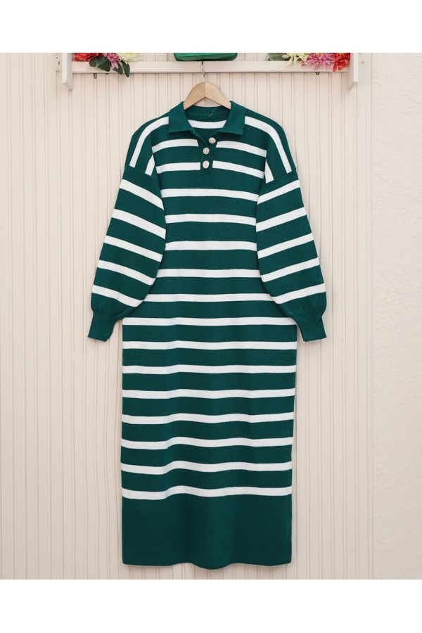 Polo Collar Buttoned Knit Dress  -Emerald