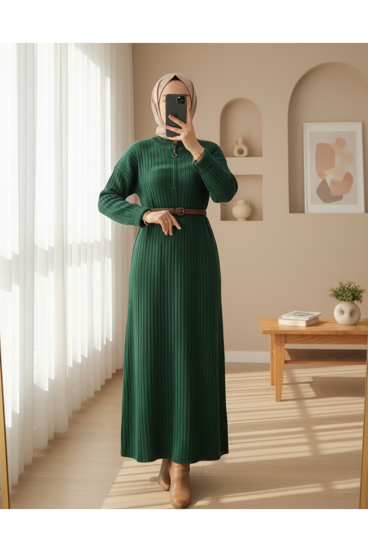 Half Neck Zippered Long Knit Dress  -Emerald