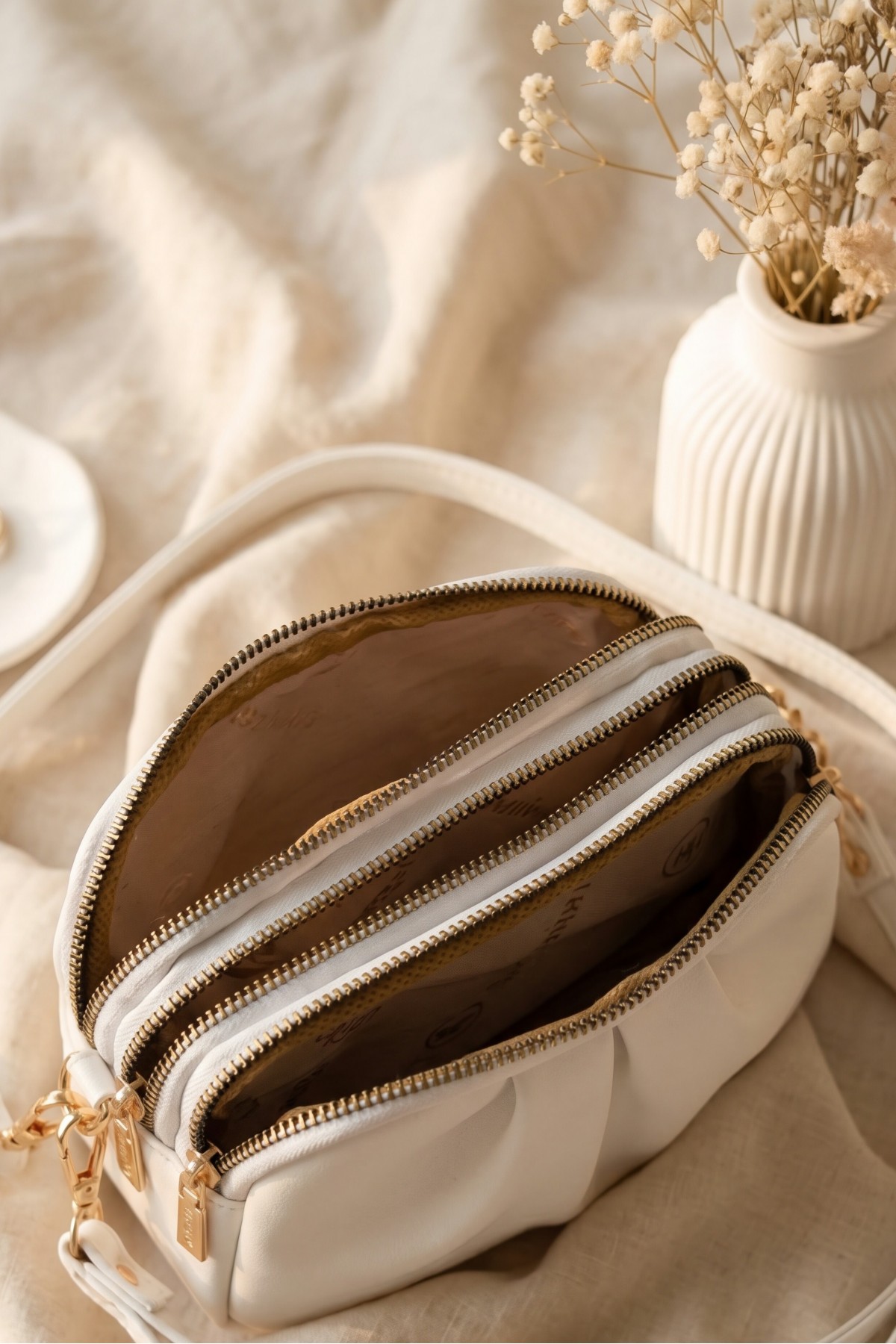 Three-Compartment Zippered Long Shoulder Bag -White