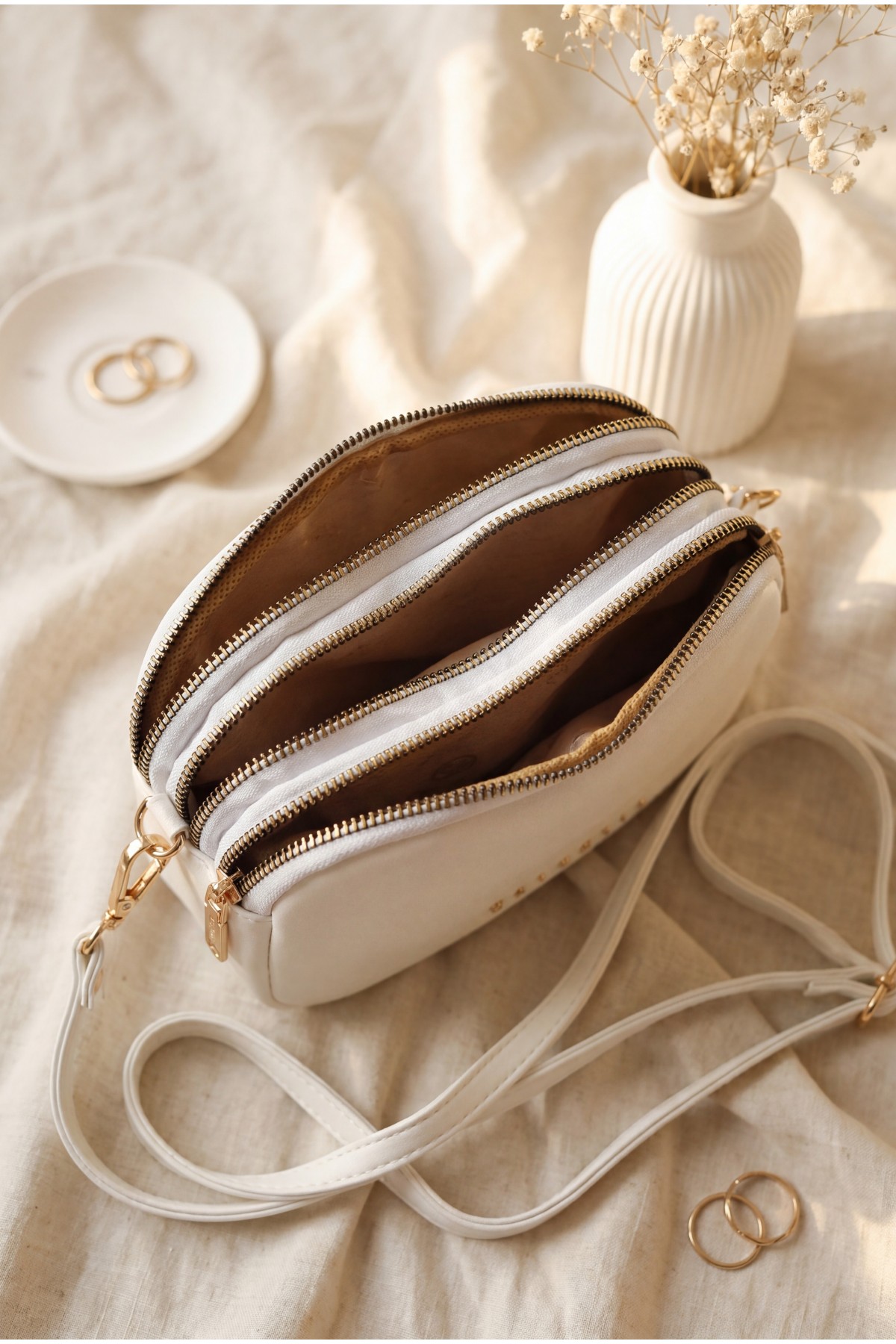 Three-Compartment Mini Clutch Bag with Long Strap -White